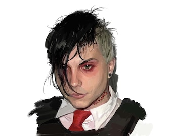 Könnte beinhalten: Eine digitale Malerei einer Person mit schwarzen und blonden Haaren. Die Person hat rotes Lidschatten und ein Tattoo am Hals, das "Anti-Hero's" sagt.