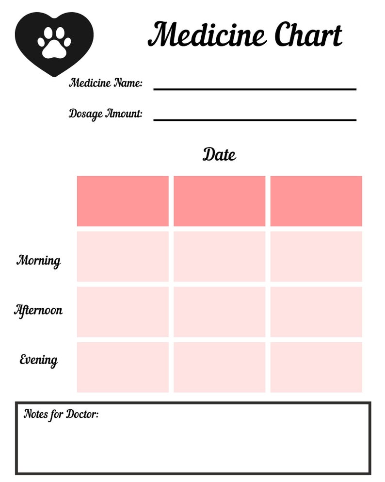Printable Pet Medicine Chart Etsy