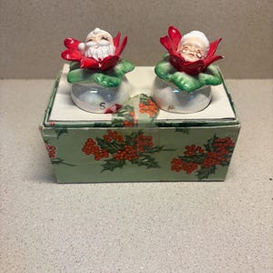 May include: A pair of ceramic salt and pepper shakers featuring Santa and Mrs. Claus faces nestled inside red poinsettia flowers with green leaves. The shakers have iridescent white bases and are housed in a green box decorated with holly berries.