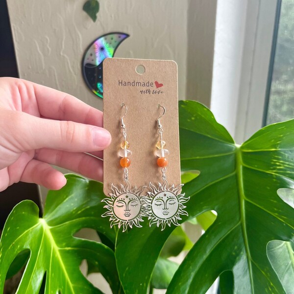 Citrine, Clear Quartz & Peach Aventurine Sun Crystal Earrings