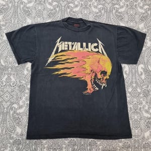 Vintage Metallica T Shirt L 1990s Pushead Flaming Skull & Sun Rock Band Graphic Print