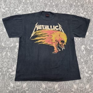 Vintage Metallica T Shirt XL 1990s Pushead Flaming Skull & Sun Rock Band Graphic Print
