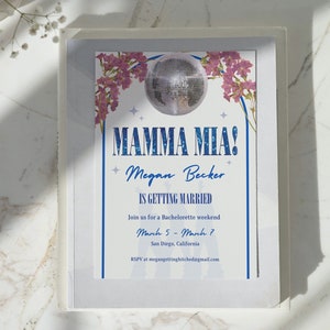 Mamma Mia bewerkbare uitnodiging en reisplan | Bruid's laatste discofeestuitnodiging | Mamma Mia-feest | Dancing Queen vrijgezellenfeest uitnodiging