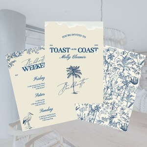 Invitation et itinéraire pour un enterrement de vie de jeune fille Toast on the Coast | Invitation côtière d'enterrement de vie de jeune fille | Invitation à une fête côtière | Faire-part de mariée française