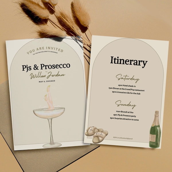 Pjs and Prosecco Invite & Itinerary Template | Prosecco Bachelorette Party invitation | Champagne party invitation | Prosecco Bridal Shower