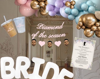 May include: A festive bridal shower scene with a white "BRIDE" balloon display. The image includes coffee drinks, a party invitation, and a balloon arch in pastel colors. The text "Diamond of the season" is also visible.