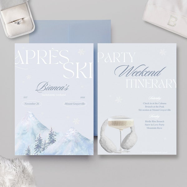 Apres Ski Bachelorette Party Invitation and Itinerary | Snow in Love Party | Winter Bachelorette Theme | Sloppy on the Slopes | Ski Bride