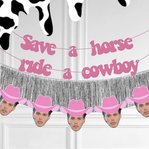 Banner "addio al nubilato da cowgirl" / Banner "volto dello sposo" / Banner "cavalca un cowboy" / Stesso cowboy per sempre / Decorazione "Ultima cavalcata" / Addio al nubilato Austin Butler