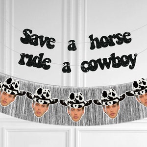 Banner "addio al nubilato da cowgirl" / Banner "volto dello sposo" / Banner "Salva un cavallo, cavalca un cowboy" / Stesso cowboy per sempre / Ultimo coriandoli da rodeo
