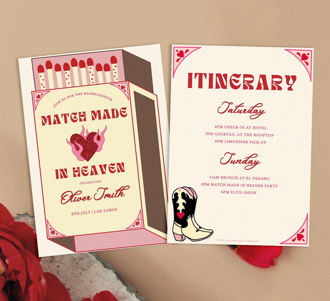 Match Made in Heaven Bachelorette Invitation and Itinerary Perfect