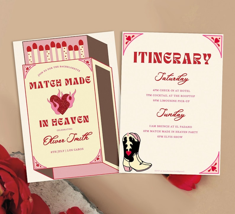 Match made in heaven bachelorette invitation and itinerary etsy