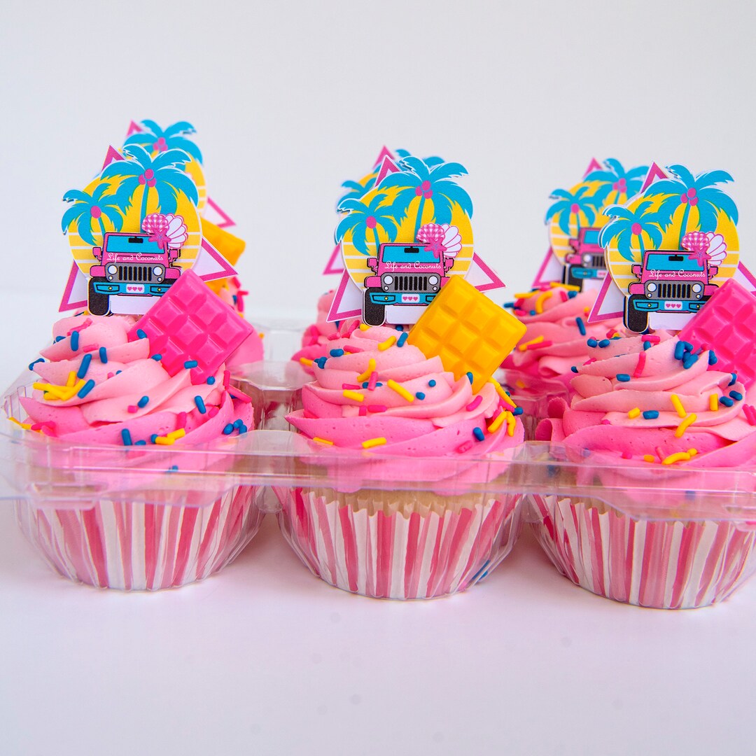 Pink Jeep Cupcake Toppers, Girly Birthday Party, Pink Tropical Beach Party Decorations, Pink
