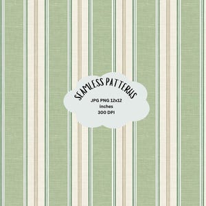 Puede incluir: Patrón sin costuras con rayas verticales en tonos verdes, crema y marrón. El patrón incluye el texto "SEAMLESS PATTERNS" y detalles: JPG PNG 12x12 pulgadas, 300 DPI.