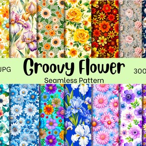 20 Patrón sin costuras de flores groovy, papel digital de flores groovy, patrón de flores groovy, papel digital de flores
