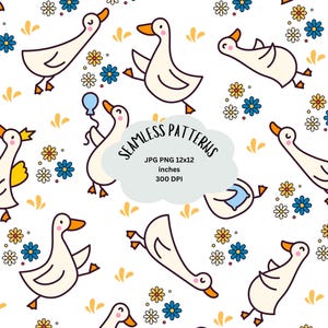 Patrón sin costuras de pato lindo / Clipart de pato de dibujos animados caprichoso con flores / Diseño de tela para guardería / Descarga digital
