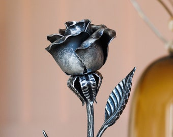 Hand Forged Iron Rose Sculpture - Gift of Everlasting Love - Wrought Steel Flower