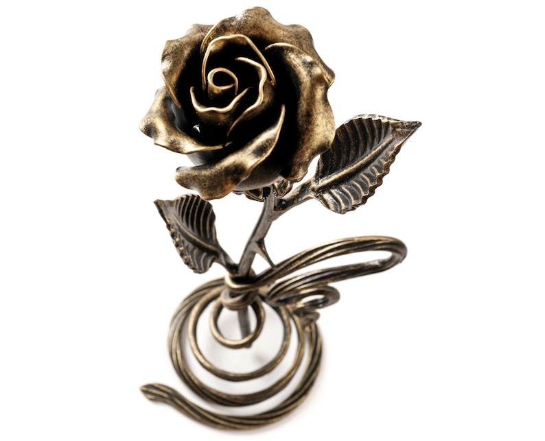 8th anniversary gift for her bronze rose on a originally designed metal stand. Bronze sculpture is 13 inches high.