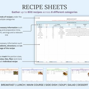May include: Recipe sheets with the title "RECIPE SHEETS" and the text "Gather up to 800 recipes across 8 different categories". The sheets include space for ingredients, directions, and images. Categories include breakfast, lunch, and dessert.