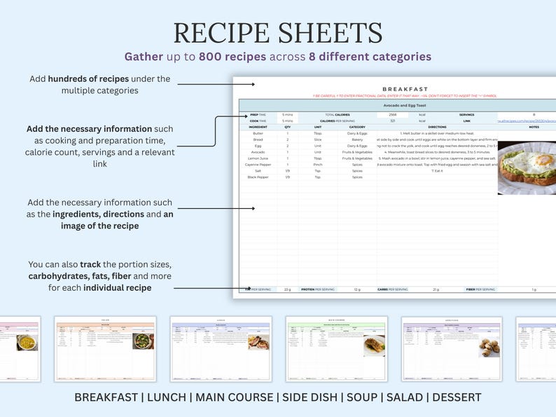 May include: Recipe sheets with the title "RECIPE SHEETS" and the text "Gather up to 800 recipes across 8 different categories". The sheets include space for ingredients, directions, and images. Categories include breakfast, lunch, and dessert.
