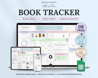 Book Tracker & Reading List Planner Google Sheets Excel Reading Tracker Book Review Spreadsheet Template Book Journal Gift for Book Lover