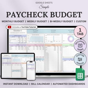 Budget By Paycheck Spreadsheet, Google Sheets Budget Template, Monthly Budget, Paycheck Budget Tracker Weekly Budget Biweekly Budget Planner