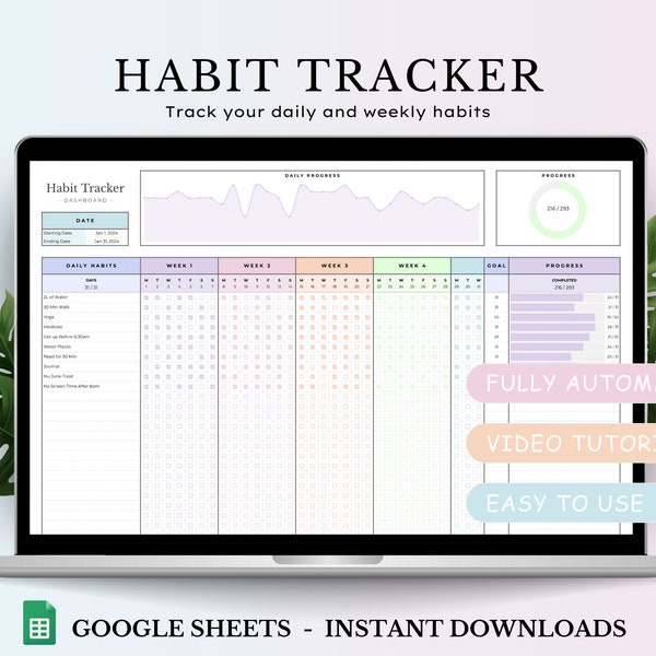 Gewoonte Tracker Spreadsheet voor Google Spreadsheets, wekelijkse gewoonten, dagelijkse gewoonteplanner, doelplannerdashboard, digitale dagelijkse takenlijstsjabloon