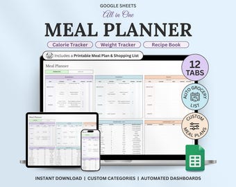 Planificador de comidas semanal, hojas de cálculo de Google, diario de recetas, planificador de comidas, hoja de cálculo imprimible, rastreador de calorías, lista de compras automática, inventario de alimentos