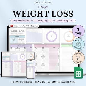 Feuille de calcul de suivi de la perte de poids pour Google Sheets, journal de poids, planificateur de perte de poids, tableau de pesées quotidiennes hebdomadaires, journal des mesures corporelles