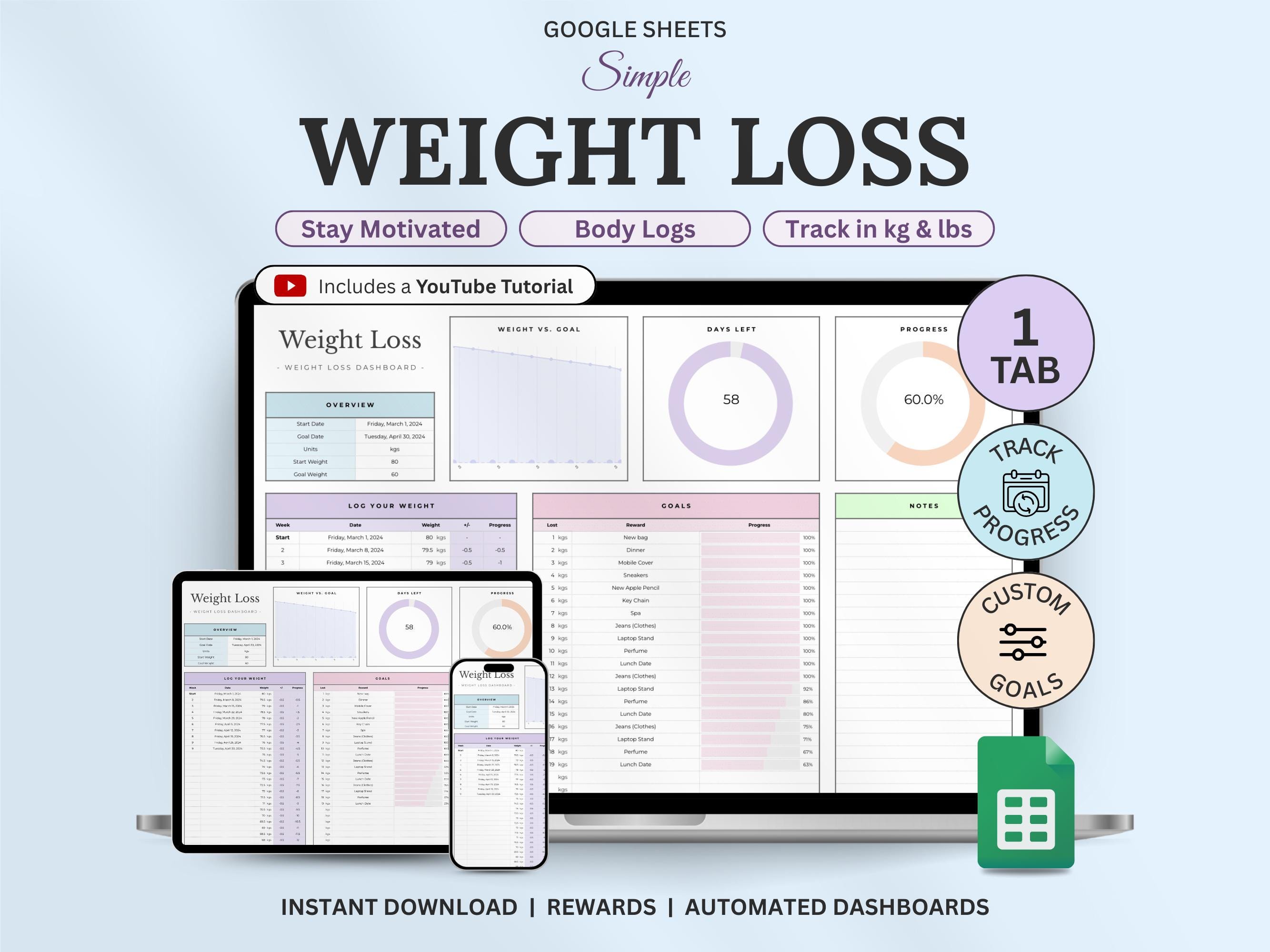 Weight Loss Tracker Spreadsheet for Google Sheets, Weight Journal, Weight Loss Planner, Daily Weekly Weigh-in Chart, Body Measurement Log