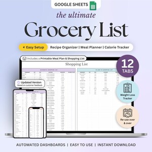 自動買い物リストスプレッドシートテンプレート Google スプレッドシート デジタル買い物リスト 印刷可能な週間食事プランナー 食料品編集可能な在庫