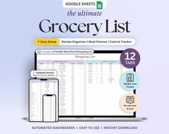 Automated Grocery List Spreadsheet Template Google Sheets Digital Grocery List Printable Weekly Meal Planner Grocery Editable Inventory
