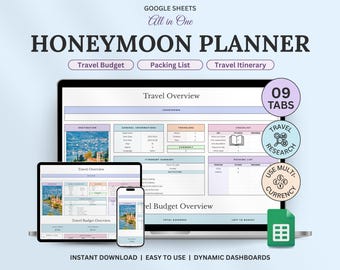 Honeymoon Travel Planner Google Sheets Excel Holiday Organizer Travel Budget Spreadsheet Travel Itinerary Vacation Planner Packing List