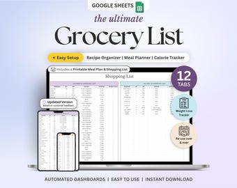 Automated Grocery List Spreadsheet Template Google Sheets Digital Grocery List Printable Weekly Meal Planner Grocery Editable Inventory