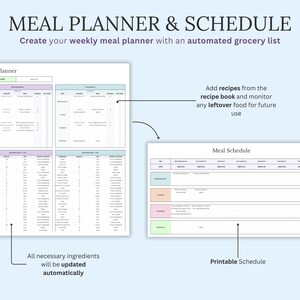 May include: A digital meal planner and schedule template with the text "MEAL PLANNER & SCHEDULE". The planner includes sections for meal planning, ingredient lists, and a printable schedule. The text says "Create your weekly meal planner with an automated grocery list."
