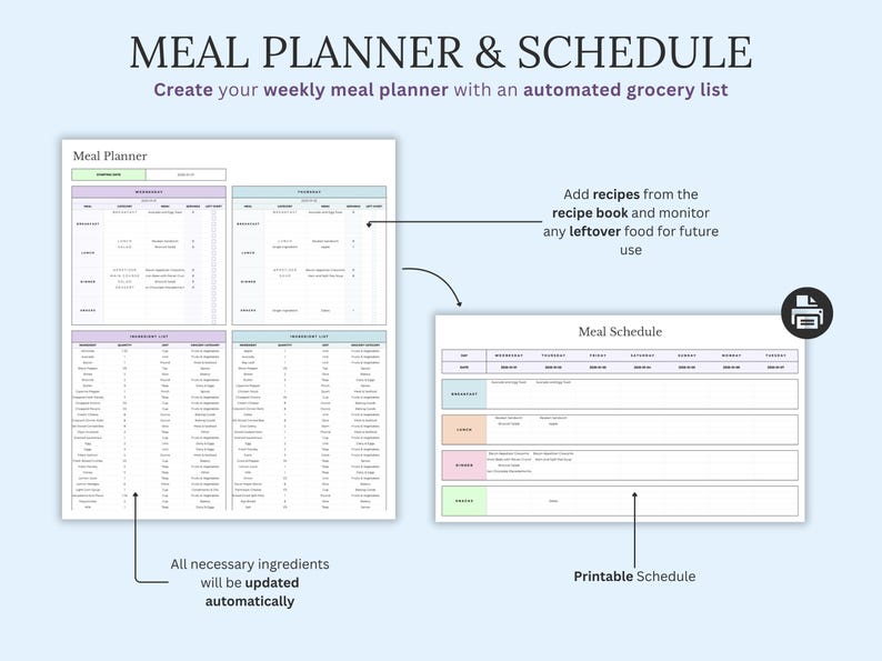 May include: A digital meal planner and schedule template with the text "MEAL PLANNER & SCHEDULE". The planner includes sections for meal planning, ingredient lists, and a printable schedule. The text says "Create your weekly meal planner with an automated grocery list."