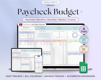 Puede incluir: Una plantilla digital de Google Sheets Ultimate Paycheck Budget+ mostrada en un portátil, tableta y teléfono inteligente. El panel incluye resúmenes financieros, rastreadores de facturas, gastos y ahorros con etiquetas como Debt Tracker, Bill Calendar y Savings Tracker.
