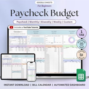 May include: A digital Google Sheets Paycheck Budget template displayed on a laptop, tablet, and smartphone. The dashboard features financial overview tables, charts, and expense trackers with text including Paycheck, Monthly, Biweekly, Weekly, Custom.