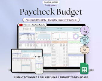 Puede incluir: Una plantilla digital de presupuesto de nómina en Google Sheets mostrada en una computadora portátil, tableta y teléfono inteligente. El panel incluye tablas de resumen financiero, gráficos y rastreadores de gastos con texto como Paycheck, Monthly, Biweekly, Weekly, Custom.