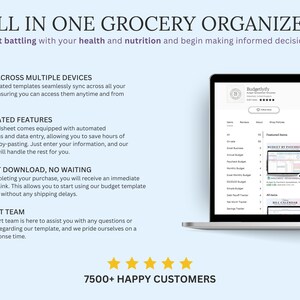 May include: A laptop displays a budgeting app interface with a clean design. Text on the screen includes "Budgetlyify" and various budget categories. The image also features the text "ALL IN ONE GROCERY ORGANIZER" and "7500+ HAPPY CUSTOMERS".