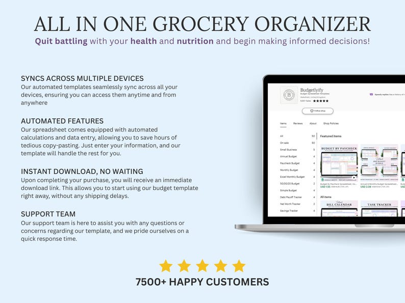 May include: A laptop displays a budgeting app interface with a clean design. Text on the screen includes "Budgetlyify" and various budget categories. The image also features the text "ALL IN ONE GROCERY ORGANIZER" and "7500+ HAPPY CUSTOMERS".