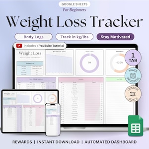 May include: A digital weight loss tracker for Google Sheets displayed on a laptop, tablet, and smartphone. The dashboard features charts, progress rings, and data tables with text including Weight Loss Tracker, Body Logs, and Track in kg/lbs.