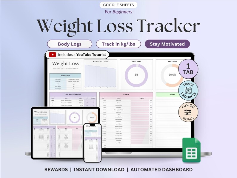 May include: A digital weight loss tracker for Google Sheets displayed on a laptop, tablet, and smartphone. The dashboard features charts, progress rings, and data tables with text including Weight Loss Tracker, Body Logs, and Track in kg/lbs.