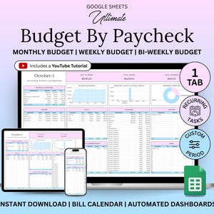 Paycheck Budget Spreadsheet Weekly Budget Monthly Budget Biweekly Bill Tracker Debt Tracker Financial Planner Google Sheets Budget Template