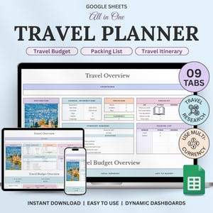 Travel Planner Google Sheets Travel Itinerary Digital Travel Budget Spreadsheet Road Trip Planner Vacation Holiday Organizer Packing List