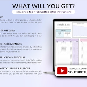 May include: A digital weight loss spreadsheet template displayed on a laptop screen, featuring a dashboard with graphs, weight logs, and goal tracking. The text includes 'WHAT WILL YOU GET?', 'SETUP', 'ENTER THE DATA', 'TRACK ACHEIVEMENTS', and 'INCLUDES A COMPREHENSIVE YOUTUBE TUTORIAL'.