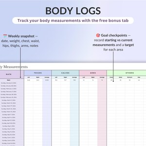 May include: A digital body measurement log template featuring a table with columns for date, thighs, calves, arms, and other body areas. The layout includes text labels for weekly snapshots and goal checkpoints to track weight and body measurements.