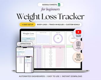 Weight Loss Tracker Spreadsheet for Google Sheets, Weight Journal, Weight Loss Planner, Daily Weekly Weigh-in Chart, Body Measurement Log
