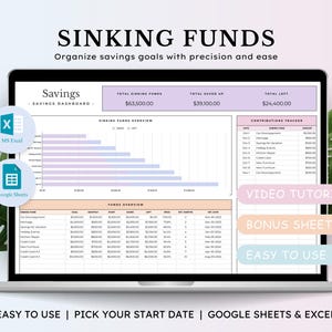 May include: A laptop computer screen displaying a spreadsheet with a colorful chart and tables. The spreadsheet is titled "Savings - Savings Dashboard" and includes the text "Sinking Funds Overview", "Funds Overview", and "Contributions Tracker". The spreadsheet is designed to help users track their savings goals.