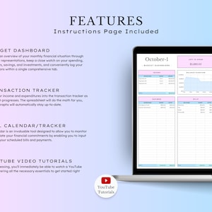 May include: A laptop computer screen displaying a budget spreadsheet with a pink and blue colour scheme. The spreadsheet includes sections for income, savings, bills, and expenses. The title of the spreadsheet is "October-1 Budget Dashboard".