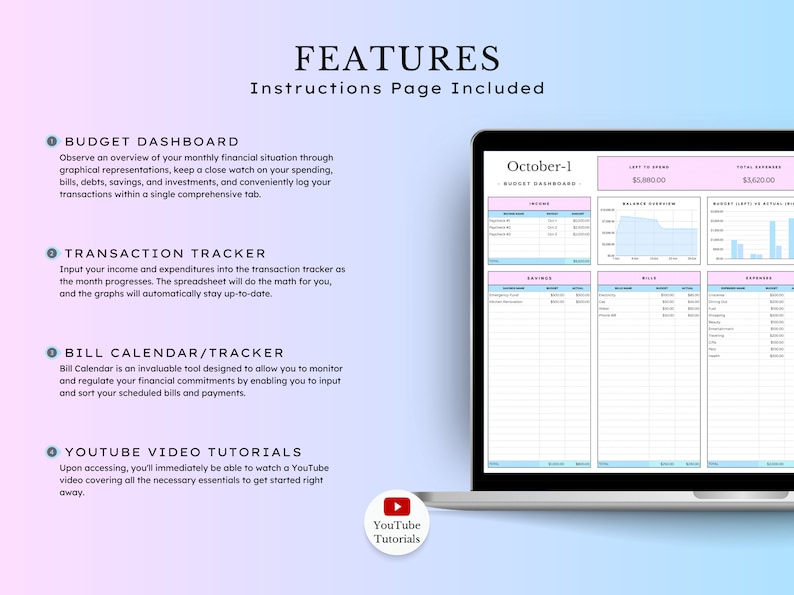 May include: A laptop computer screen displaying a budget spreadsheet with a pink and blue colour scheme. The spreadsheet includes sections for income, savings, bills, and expenses. The title of the spreadsheet is "October-1 Budget Dashboard".
